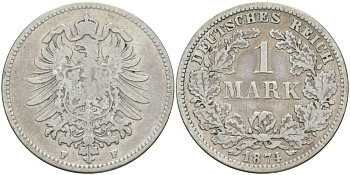 Германия 1 марка 1874 F Weege 17, J. 9, KM 7 серебро 98-1236