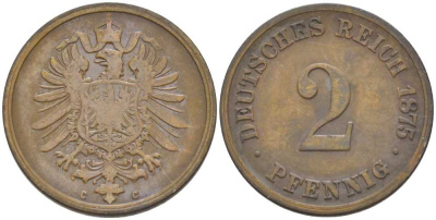 ГЕРМАНИЯ 2 ПФЕННИГА 1875 С, СТАРОГЕРБОВКА KM 2, J. 2, Weege 3 медь 212-517