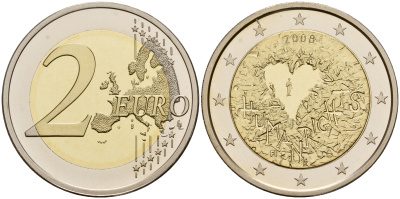 Финляндия 2 евро 2008 Декларация прав человека, в оригинальной коробке, с сертификатом, тираж 22500 экз. KM  биметалл  PROOF  4-3-4-44