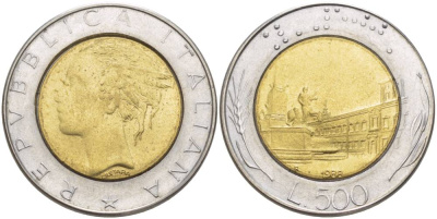 ИТАЛИЯ 500 ЛИР 1988 R, КРИВИНАЛЬСКИЙ ДВОРЕЦ В РИМЕ KM 111 биметалл 4551-545