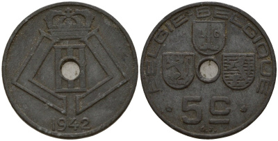Бельгия 5 сантимов 1942 Belgie - Belgique, Леопольд III (1934-1947), германская оккупация, Вторая мировая война KM 124 цинк 4160-1132