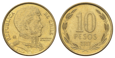 Чили 10 песо 2007 KM 228 никель латунь UNC 4689-266