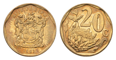ЮАР 20 центов 1997 герб, цветок протея KM 162 сталь плакированная латунью UNC 4694-859