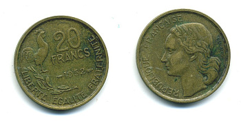 ФРАНЦИЯ 20 ФРАНКОВ 1952 KM 917.1 алюминиевая бронза 84-824