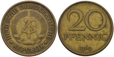 ГДР 20 пфеннигов 1969 A, первый год KM 11 латунь 92-857