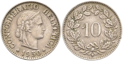 ШВЕЙЦАРИЯ 10 РАППЕНОВ 1950 В KM 27 медно-никель 206-345