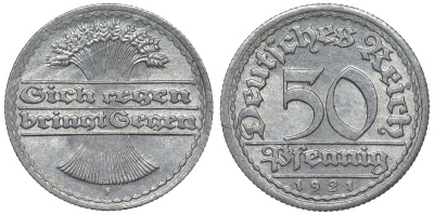 Германия 50 пфеннигов 1921 F KM 27, J. 301, Weege 10 алюминий 4119-521