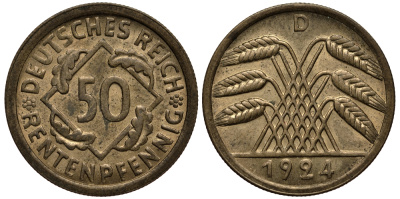 Германия 50 рентенпфеннигов 1924 D KM 34, J. 310 алюминиевая бронза aUNC 413-3111