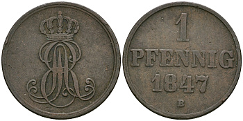 Ганновер 1 пфенниг 1847 B, Эрнст Август (1837-1851) KM 201.1, AKS 129, J. 74 медь 08-1328