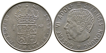 Швеция 1 крона 1968 Густав VI Адольф (1950-1973) KM 826a медь плакированная медно-никелем 4179-754