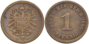 ГЕРМАНИЯ 1 ПФЕННИГ 1886 E, СТАРОГЕРБОВКА KM 1, J. 1, Weege 1 медь 206-1245