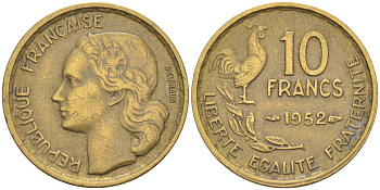 Франция 10 франков 1952 петух KM 915.1, Le Franc 363.6 алюминиевая бронза 4511-1124