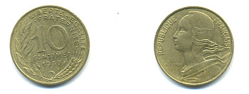 ФРАНЦИЯ 10 САНТИМОВ 1980 ТИП MARIANNE КМ 929, LE FRANC 144.20 алюминиевая бронза 3999-1356