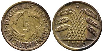 ГЕРМАНИЯ 5 РЕЙХСПФЕННИГОВ 1925 D KM 39, J. 316 алюминиевая бронза 39-544