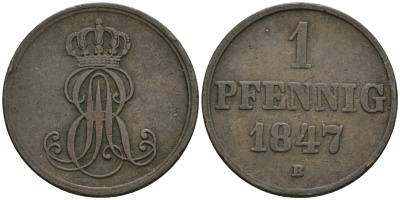 Ганновер 1 пфенниг 1847 B, Эрнст Август (1837-1851) KM 201.1, AKS 129, J. 74 медь 08-1328