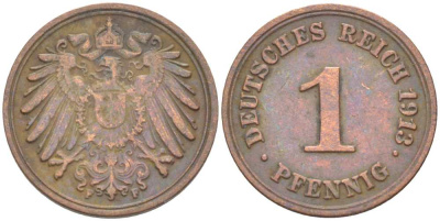 ГЕРМАНИЯ 1 ПФЕННИГ 1913 F KM 10, J. 10 медь 112-1121