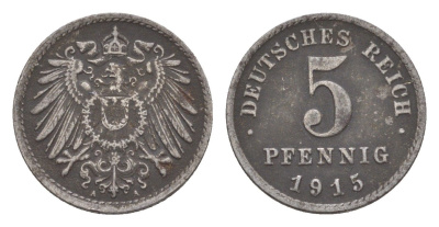 Германия 5 пфеннигов 1915 A, Вильгельм II (1888-1918) KM 19, J. 297, Weege 5 железо плакированное цинком 4640-154