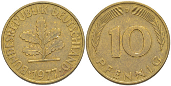 ФРГ 10 ПФЕННИГОВ 1977 D KM 108, J. 383 сталь плакированная латунью 4182-851