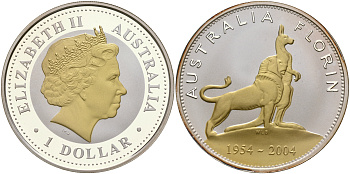 Австралия 1 доллар 2004 флорин, королевский визит, позолота KM 738 серебро PROOF 00-000-00