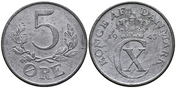 ДАНИЯ 5 ЭРЕ 1943 N; S, КРИСТИАН X (1912-1947) KM 834а цинк 24-1123