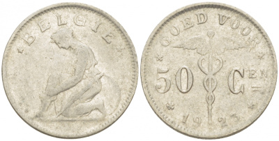 БЕЛЬГИЯ 50 САНТИМОВ 1923 BELGIE KM 88 никель 261-1148