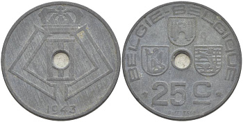 БЕЛЬГИЯ 25 САНТИМОВ 1943 BELGIE-BELGIQUE, ГЕРМАНСКАЯ ОККУПАЦИЯ, ВТОРАЯ МИРОВАЯ ВОЙНА KM 132 цинк 4546-157