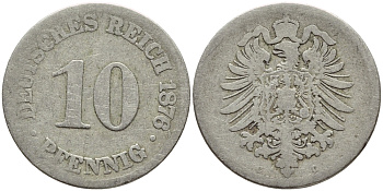 ГЕРМАНИЯ 10 ПФЕННИГОВ 1876 D, СТАРОГЕРБОВКА, KM 4, J. 4 медно-никель 4395-1231