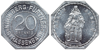 Германия, Нюрнберг - Фюрт 20 пфеннигов ND трамвайный жетон, Мартин Бехайм алюминий UNC 4119-732