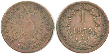 Австрия 1 крейцер 1859 A, Франц Иосиф I (1848-1916) KM 2186 медь 3309-1266