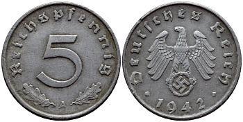 ГЕРМАНИЯ 5 РЕЙХСПФЕННИГОВ 1942 A, КМ 100, J. 370 цинк 4387-1247