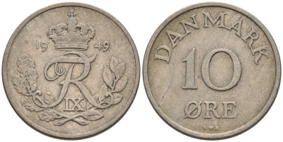 ДАНИЯ 10 ЭРЕ 1949 N; S, ФРЕДЕРИК IX (1947-1972) KM 841.1 медно-никель 4564-1214