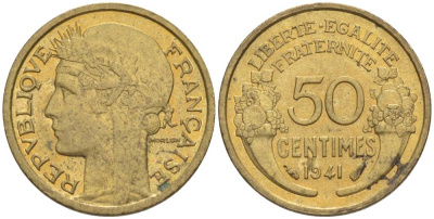 Франция 50 сантимов 1941 тип Морлон KM 894.1, Le Franc 192.18 алюминиевая бронза 44-363