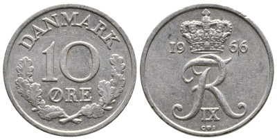 Дания 10 эре 1966 С; S, Фредерик IX (1947-1972) KM 849.1 медно-никель 26-921