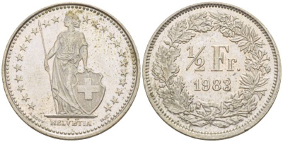 ШВЕЙЦАРИЯ 1/2 ФРАНКА 1983 KM 23а.3 медно-никель 4532-1056