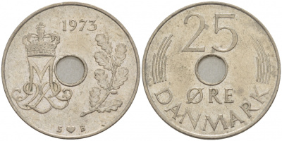 Дания 25 эре 1973 S; B, Маргрете II (1972- ) KM 861.1 медно-никель 4402-1244