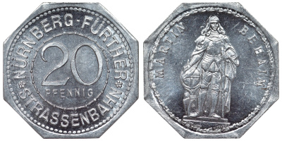 Германия, Нюрнберг - Фюрт 20 пфеннигов ND трамвайный жетон, Мартин Бехайм алюминий UNC 4119-732