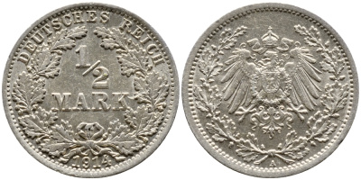 ГЕРМАНИЯ 1/2 МАРКИ 1914 A KM 17 серебро 4387-768