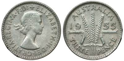 Австралия 3 пенса 1955 m, Елизавета II (1952-2022) KM 57 серебро 71-435