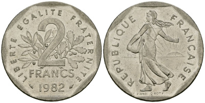 Франция 2 франка 1982 сеятель KM 942.1, Le Franc 272.3 никель 4120-1115