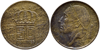 БЕЛЬГИЯ 50 САНТИМОВ 1953 BELGIE KM 145 бронза 4392-1345