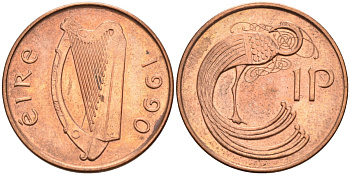 Ирландия 1 пенни 1990 мифологическая птица лира KM 20а сталь плакированная медью BUNC 4582-144