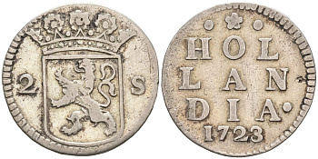 Голландия (Holland), Нидерланды 2 стивера 1723 KM 48 серебро 259-514
