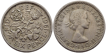 Великобритания 6 пенсов 1961 Елизавета II (1952-2022) KM 903, Spink 4149 медно-никель 75-826