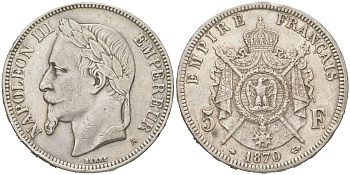 Франция 5 франков 1870 A, Наполеон III (1852-1870) KM 799.1 серебро 4044-515