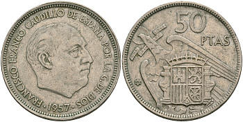 Испания 50 песет 1957 (60) Франциско Франко (1939-1975) KM 788 медно-никель 08-644