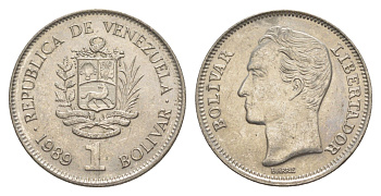 Венесуэла 1 боливар 1989 Симон Боливар, толстый шрифт Y 52a.2 сталь плакированная никелем 4586-1232