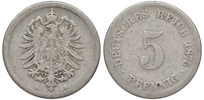 ГЕРМАНИЯ 5 ПФЕННИГОВ 1875 A, СТАРОГЕРБОВКА KM 3, J.3 медно-никель 45-439