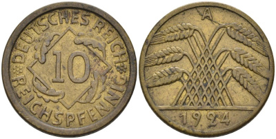 Германия 10 рейхспфеннигов 1924 A KM 40, J.317, Weege 9 алюминиевая бронза 4575-435