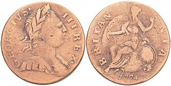 Великобритания 1/2 пенни 1774 Георг III (1760-1820) Spink 3774, KM 601 медь 4403-713