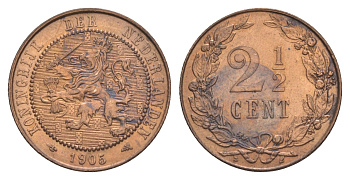 Нидерланды 2 1/2 цента 1905 Вильгельмина (1890-1948) KM 134 бронза aUNC 4657-853